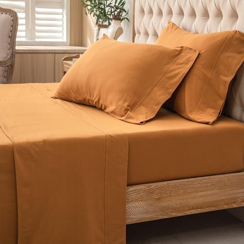 PURE ERA Jersey Knit 3pcs Bed Sheet Set 100% T-Shirt Heather Cotton Super Soft Comfy Breathable Fits Mattress Up to 20" Extra Deep Pocket (Solid Burnt Orange, Twin XL)