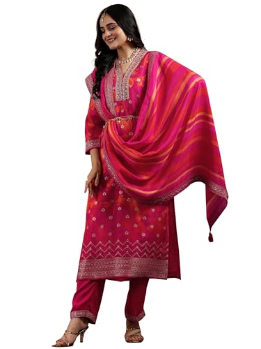 Image of Libas Womens Printed Silk Blend Straight Kurta With Trousers and Dupatta | daily wear suit