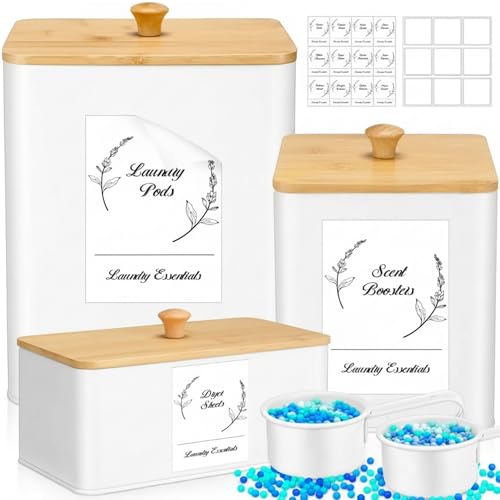 Vesici 3 Pcs Metal Laundry Pod Container 2 Pcs Scoops Dryer Sheet Holder Laundry Room Organizer Storage Jar with Airtight Wood Lid Label for Powder Detergent Dispenser Dryer Ball Bead Room Decor