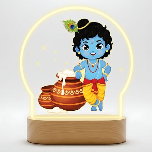 Image of Giftplease Divine Bal Krishna LED Lamp - Warm Glow Decorative Night Light for Home Mandir, Kids Room & Gifting - Vibrant Makhan Chor & Murali Manohar Printed Designs GL 09