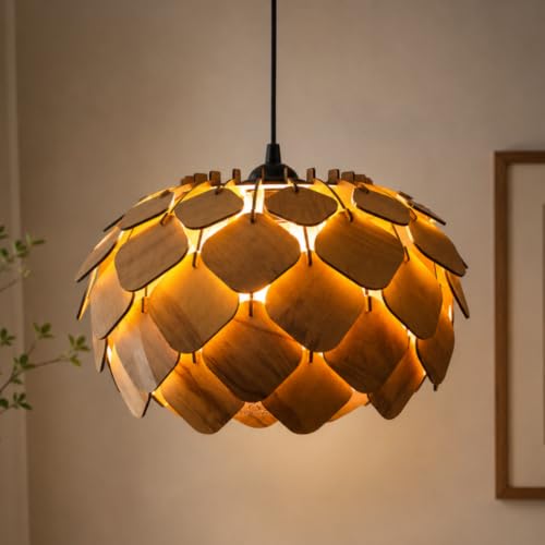 Image of Wood Pinecone Pendant lamp, Wooden Ceiling lamp, Wooden Hanging lamp handicrafted Home decore Chandelier Light (Lotus 2B)