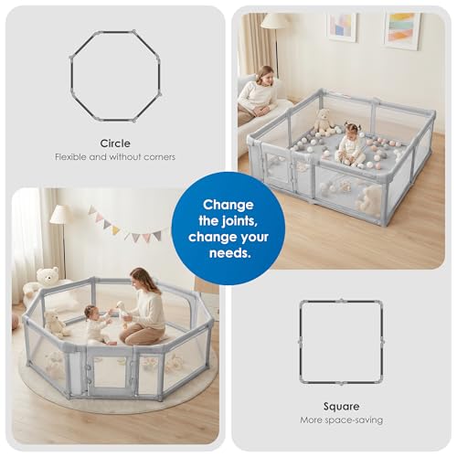 Image of Sweeby Foldable Baby Playpen, 79x71 Inch Baby Gate Playpens for Babies and Toddlers Extra Large Play Yard with Door Child Fence and Indoor Play Pen, Light Grey