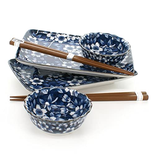 Japanbargain 4687, Japanese Sushi Set Porcelain Sushi Plates Soy Sauce Dipping Bowls And Chopsticks Gift Set, Navy Blue Sakura, Made In Japan #TOP7