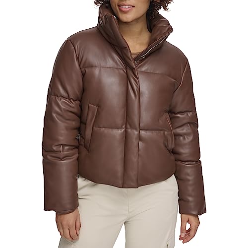 Levi's Women's Vegan Leather Quilted Short Puffer Coat, Brown, XL