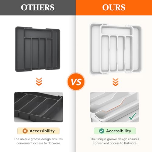 Lifewit Silverware Drawer Organizer, Expandable BPA Free Utensil Tray for Kitchen, Adjustable Flatware and Cutlery Holder for Spoons Forks Knives, Plastic Kitchen Organizers and Storage, White - 10