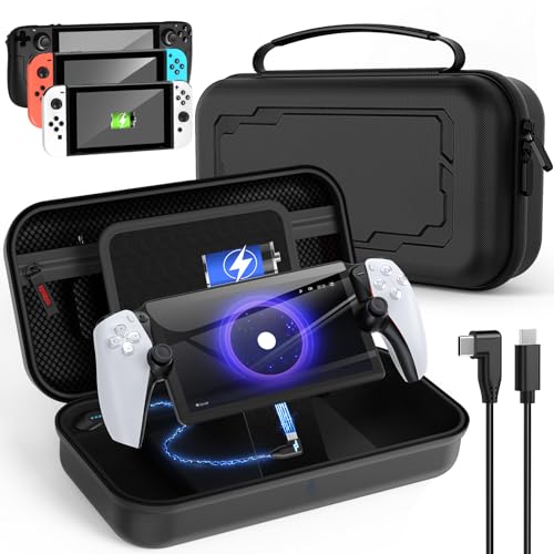 Stand Charging Case for Playstation Portal/Swicth 2 2025/ Switch OLED/ Steam Deck /Steam Deck OLED Build-in 10000 mAh Recharge Battery& Game Card Holders, Handheld Travel Carrying Bag Battery Storage Case