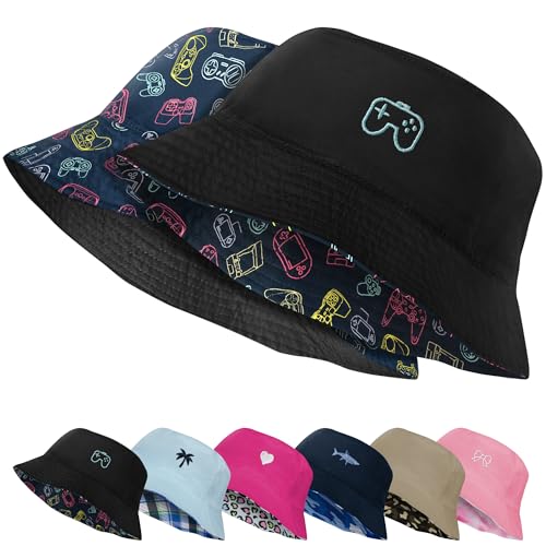 HONGTEYA Kids Sun Hat Double Side Bucket Hats for Boys Girls Summer Sun Protection Wide Brim Unisex Beach Outdoor Black
