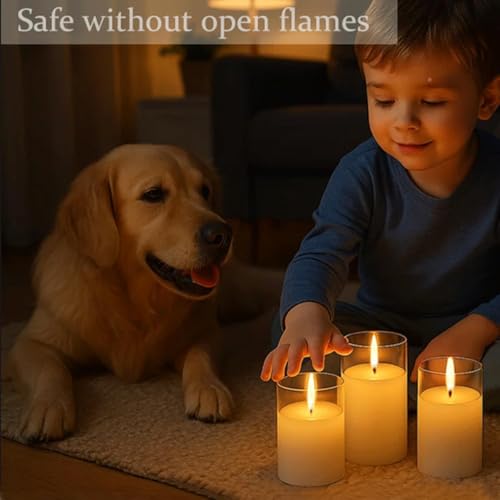 Image of LED Flameless Candles with Flickering Flame, Battery Operated Real Wax Pillar Candles in Glass Holders, Warm Light Yellow Glow, Safe & Elegant Home, Bedroom, Party, and Wedding Decor (Set of 3)