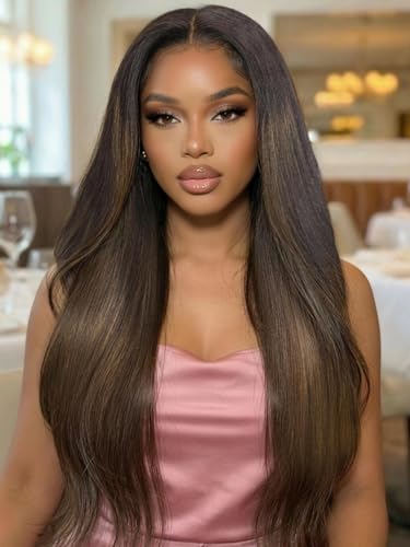 Image of KLAIYI Ombre Brown Yaki Straight Bye Bye Knots Precut 7x5 Lace Front Wigs Human Hair Glueless Drawstring Pre Plucked Bleached 3S Ready to Wear and Go Wig with Dark Roots Chestnut Balayage Brown 24Inch