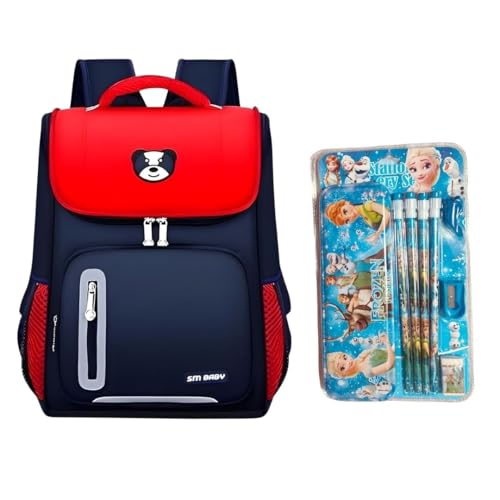 Image of Bear Print Flap School Bag for Boys Girls 6-10 Years Waterproof Lightweight Kids Backpack Large Capacity Student Bag for Books & Padded Straps & Back Support