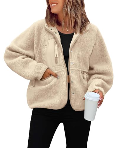 Womens Sherpa Fleece Sweater Casual Button Down Fuzzy Warm Cropped Jackets Winter Long Sleeve Coats with Pockets (Light Khaki,Large)