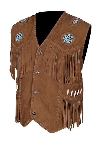 Image of Men's Western Cowhide Suede & Leather Vest - Beaded Fringe Yoke & Back Native-Inspired Cowboy Biker Vest