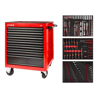 STIER Werkstattwagen, bestückt, 223-teilig, 179-tlg Steckschlüsselsatz, 17-tlg Schraubendreher & Zangensatz, 27-tlg Ringmaul- & Doppelringschlüsselsatz, 7 Schubladen, Werkzeugwagen, Montagewagen