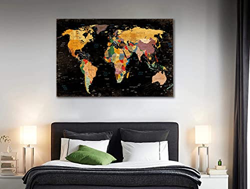 Decor Mi Colorful World Map Wall Art On Canvas Black Map Prints Paintings Travel Map Of The World Children Education Ready To Hang Map Decor Artwork For Living Room Bedroom 24"X36" 60X90Cm #TOP6
