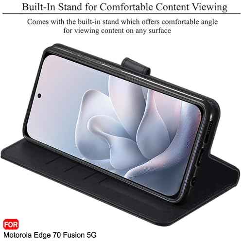 Image of TheGiftKart Flip Cover Back Case for Motorola Moto Edge 70 Fusion 5G | Genuine Leather Finish | Designer Button | Inbuilt Pockets & Stand | Wallet Style Flip Back Cover Case (Faux Leather, Black)