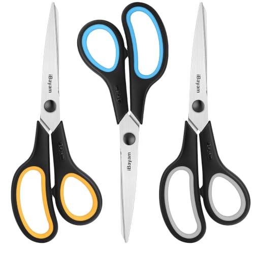 Image of iBayam 8.5 inch Heavy Duty Black Scissors for Office School Classroom Home Use | Precision 2.5mm Thickness Ultra Sharp Blade| Comfort Grip Right /Left Handles| Multipurpose | Cutting Paper Fabric Packaging
