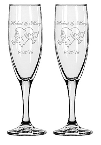 Gifts Infinity Engraved Wedding Interlock Hearts Champagne Flutes Set of 2 Personalized Toasting Glasses (Heart with Dove)