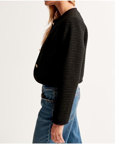 Women's Tweed Jackets Long Sleeve Crew Neck Button Down Cropped Jacket Coat with Pockets3