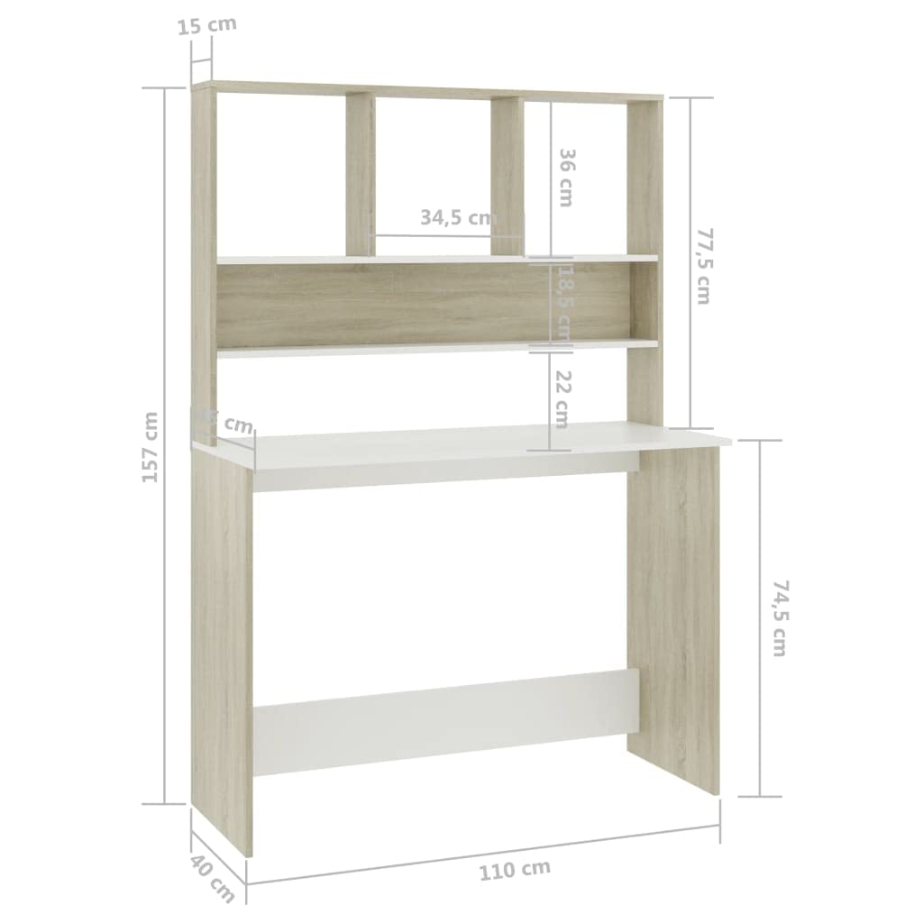 Desk Tavolo Gaming Scrivania Ufficio Tavolo Consolle Scrivania e Ripiani Bianco Rovere Sonoma 110x45x157 Multistrato per Camera Da Letto Studio Sala Studio Soggiorno