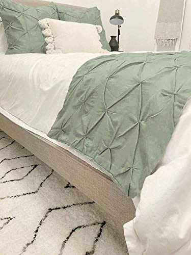Crown Bedding Queen Size 400 Thread Count 3 Piece Pinch Pleated Bed Runner (1 Bed Runner + 2 Euro Shams) Sage Solid 100% Egyptian Cotton Soft Fade-Resistant Easy Care Decorative Bed Scarf #TOP2