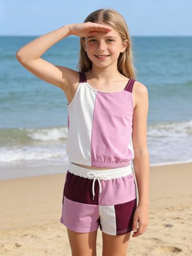 Image of Size 7-14Y Girls Clothes 2 Piece Outfits Striped Tank Top Drawstring Shorts Teen Girls Summer Clothing Sets