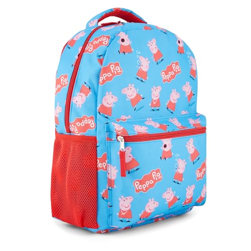 Peppa Pig Mochila para meninas – Peppa, George, mamãe e papai – Mochila de 40,6 cm para escola – Bolso frontal e mochila para laptop para meninas e crianças pequenas – Bolsa pré-escolar e primária