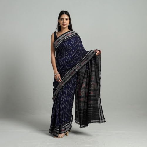 Image of ODISHAHANDLOOM Sambalpuri Pure Cotton Handloom Saree, Traditional Ikat Pattern, Red and Green, Without Blouse