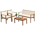 Greesum Outdoor Patio Furniture, 4 Piece Bistro Sofa Set with Coffee Table and Loveseat, Acacia Wood Conversation Sets with Cushions, for Garden, Backyard, Poolside, White