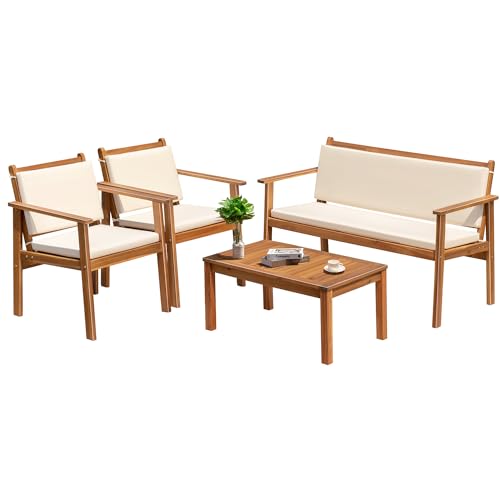 Greesum Outdoor Patio Furniture, 4 Piece Bistro Sofa Set with Coffee Table and Loveseat, Acacia Wood Conversation Sets with Cushions, for Garden, Backyard, Poolside, White