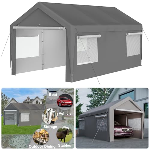 Trygoal 10x20 FT Heavy Duty Carport, Outdoor Storage Shed Tent with Removable Sidewalls & Roll-Up Ventilated Windows, All-Season Portable Garage Shelter with Rubber Ropes & Ground Anchors, Grey - Thumbnail 7