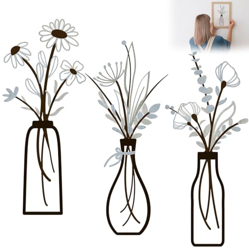 Dszemie 3 Pieces Metal Flowers Wall Arts for Living Room, Metals Flower Wall Decor, Black Metal Wall Art, Rustic Farmhouse Minimalist Wall Decors for Bedroom Dining Room Housewarming