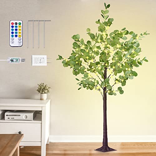 Remon 6Ft Lighted Artificial Eucalyptus Tree, 8 Flashing Dimmable Modes, 240Led Warm Lights Faux Tree With Remote Control Timer Plug In For Wedding Spring Easter Christmas Home Indoor Outdoor Decor #TOP23