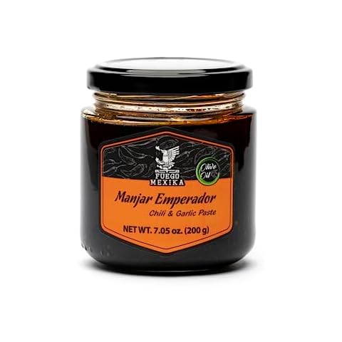 FUEGO MEXIKA® | Manjar Emperador - craft Mexican Chili Paste/Salsa Macha: Chipotle, Morita Chili Peppers & Garlic, roasted and bathed in virgin Olive Oil. Cover