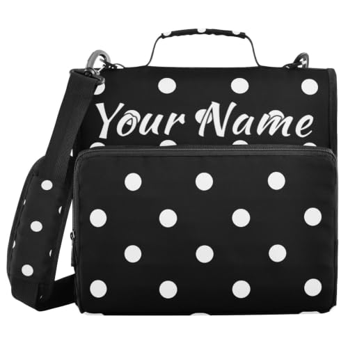 Image of Custom 3 Ring Zipper Binder Black White Polka Dots Personalized Name 1.5 Inch Binders Large Capacity Multi Pockets for School Office Supplies