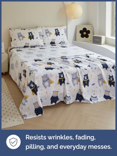 Image of Kids Queen Size Bear Bed Sheets - 4 Piece Kids Bear Sheet Set - Comic Hero Bedding - Ultra-Soft, Cute & Cozy - Breathable & Machine Washable - Wonderful Brave Bed Set for Boys, Girls, Teens & Toddlers