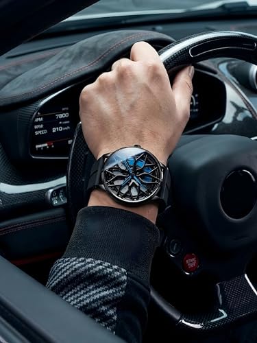Image of Oculus Men's 3D Car Wheel Rotating Watch, Luxury Sport Quartz with Hollow Hub Dial, Magnetic Silicone Strap, Automotive-Inspired Design, Black Magnetic Straps