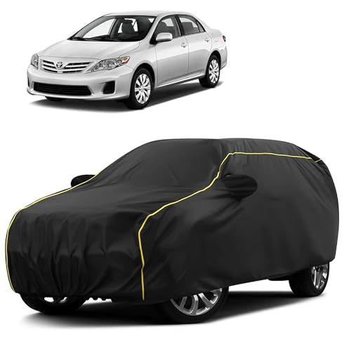 Image of Sulfar 100% Water Resistant Car Body Cover Compatible with Mirror for Toyota Corolla (Triple Stitched, Full Bottom Elastic, Black Taffeta with Yellow Piping)