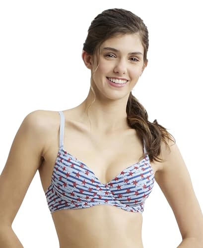 Image of Jockey UL50 Women's Under-Wired Padded Super Combed Cotton Elastane Stretch Medium Coverage Printed T-Shirt Bra with Detachable Straps (Prints May Vary)