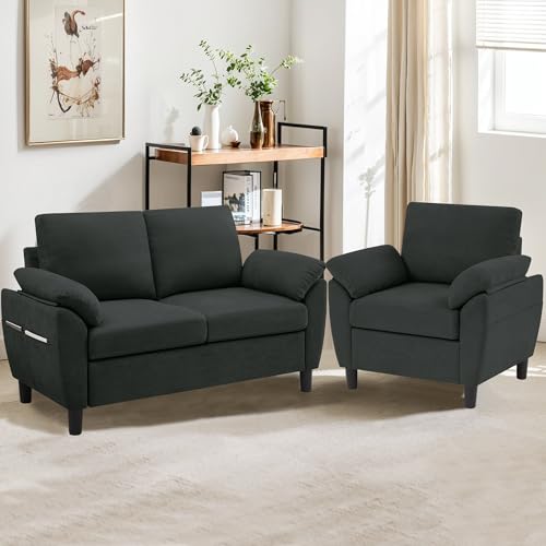 Portaforta 2 Pieces Sectional Sofa Set, 57" Loveseat and 35" Accent Chair, Linen Upholstered Armchair and 2-Seat Loveseat Sofa Set, Couches for Living Room, Apartment, Black