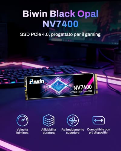 Biwin Black Opal NV7400 M.2 PCIe Gen4 SSD 1 to - Vitesse de Lecture jusqu'à 7400 Mo/s - SSD Interne Professionnel NVMe 2.0 - Stockage pour Jeux vidéo Compatible avec PC, Ordinateur Portable et PS5 - 3