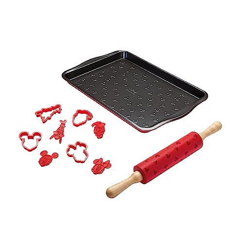 Prestige New Disney Bake with Mickey Mouse Bakeware Set with Non Stick Oven Tray 10" x 15", Cookie Cutter Set of 4 and Silicone Rolling Pin 45cm, Red" Gold "Red