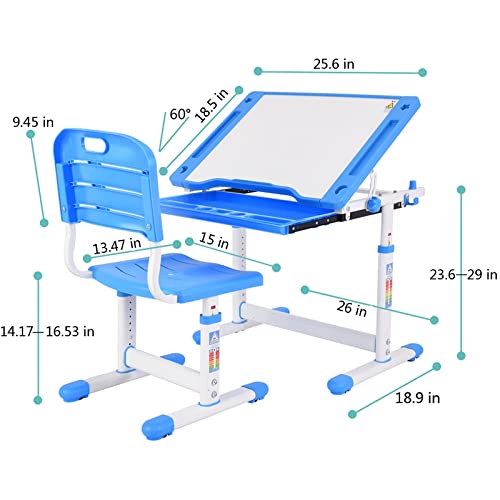 Height Adjustable Kids Desk And Chair Set - Homework Table And Chair Set With T-Ilted Table & Pull Out Storage Drawer - Student Study Desk For Boys And Girls Writing Drawing Painting (Blue, A) #TOP5