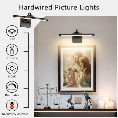 Image of DESOOP Black Picture Lights for Wall Dimmable Art Lights for Paintings Hard-Wired LED Painting Light Gallery Light for Portrait, Artwork, Frame 15.75 Inch 7W Warm White (Pack of 2)