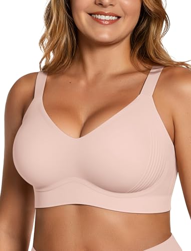 Image of OEAK Womens Wireless Seamless Bras Full Coverage Supportive Lounge Bra Push Up Plus Size Everyday Bra Comfortable Tshirt Bras XXL-Plus Pink