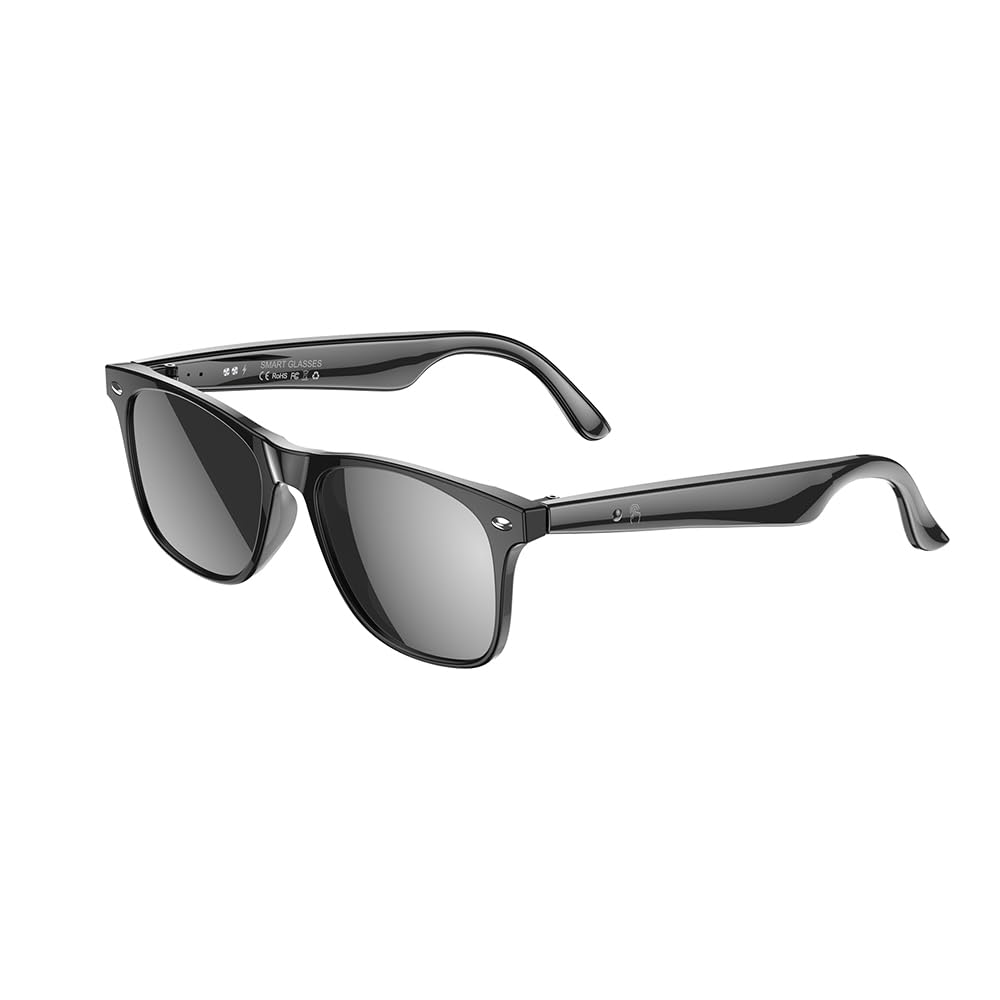Lunettes Connectées IA, Bluetooth, Unisexe, Appels, Musique, Traduction Vocale 134 Langues, IP65 Étanche, 25g, Verres Noir