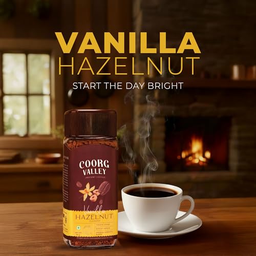 Image of Coorg Valley Vanilla Hazelnut Instant Coffee 50g | Flavoured Coffee | Premium Blend of Robusta & Arabica | Freeze Dried | Make Cafe Style Hot & Cold Coffee at Home