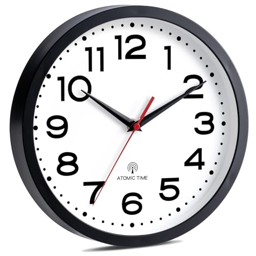 Image of Roymnie 12 Inch Atomic Wall Clock, Battery Operated Silent Non Ticking | Black analog wall clock; bold numerals for easy reading; silent non-ticking; 1 AA battery (not included); for classroom