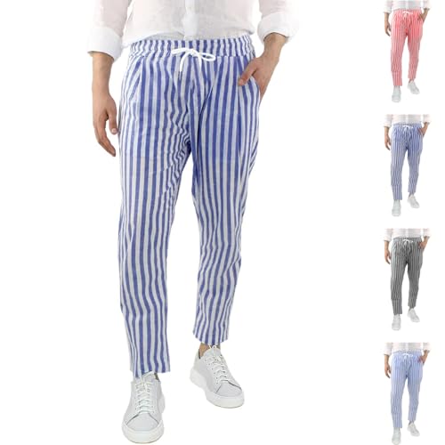 Generisch Pantalon en lin rayé pour homme - Pantalon léger à rayures claires - Pantalon de loisirs - Pantalon en coton mélangé confortable avec cordon de...
