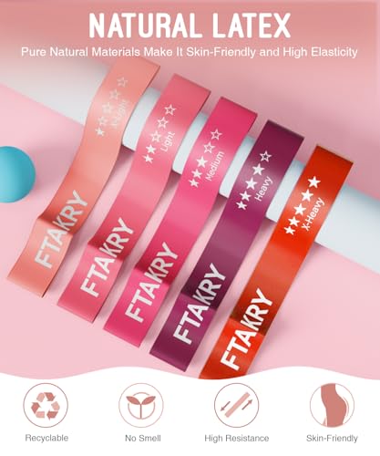 FTAKRY Resistance Bands for Working Out, Exercise Bands with 5 Resistance Levels, Natural Latex Resistance Bands Designed for Home Fitness, Strength Training and Flexibility Exercises (Pink)