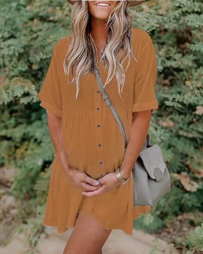 Image of PYGFEMR Women's Short Sleeve Babydoll Dress Button Down Dresses with Pockets